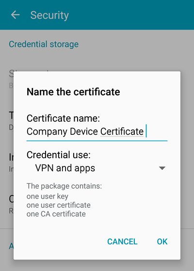set your certificate name and purpose in the android certificate installation instructions