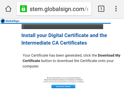download a certificate onto your android device globalsign