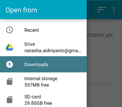 downloads folder installation fof certificate on android device
