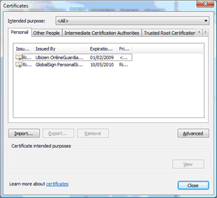 Internet Explorer certificates store