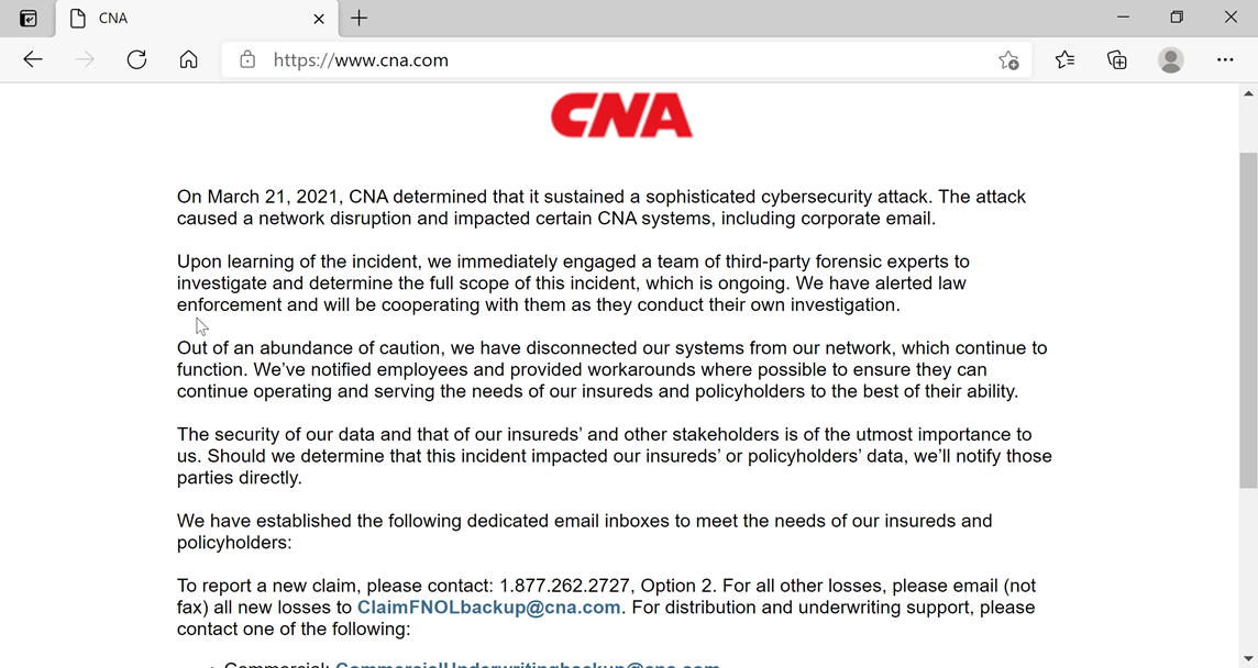 cna homepage message regarding cyber incident.png