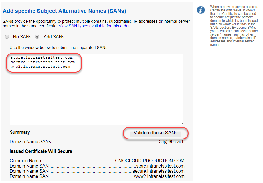 Example bulk SAN order in GlobalSign’s certificate management platform.