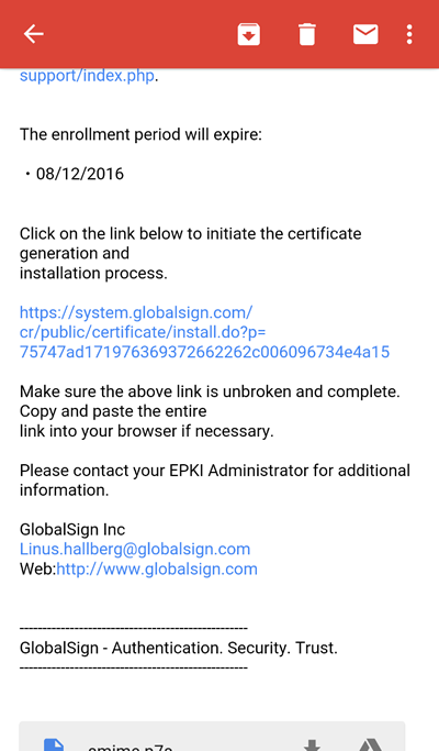 Digital Certificate Installation Email GlobalSign
