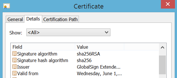 Example certificate details from Google Chrome. 