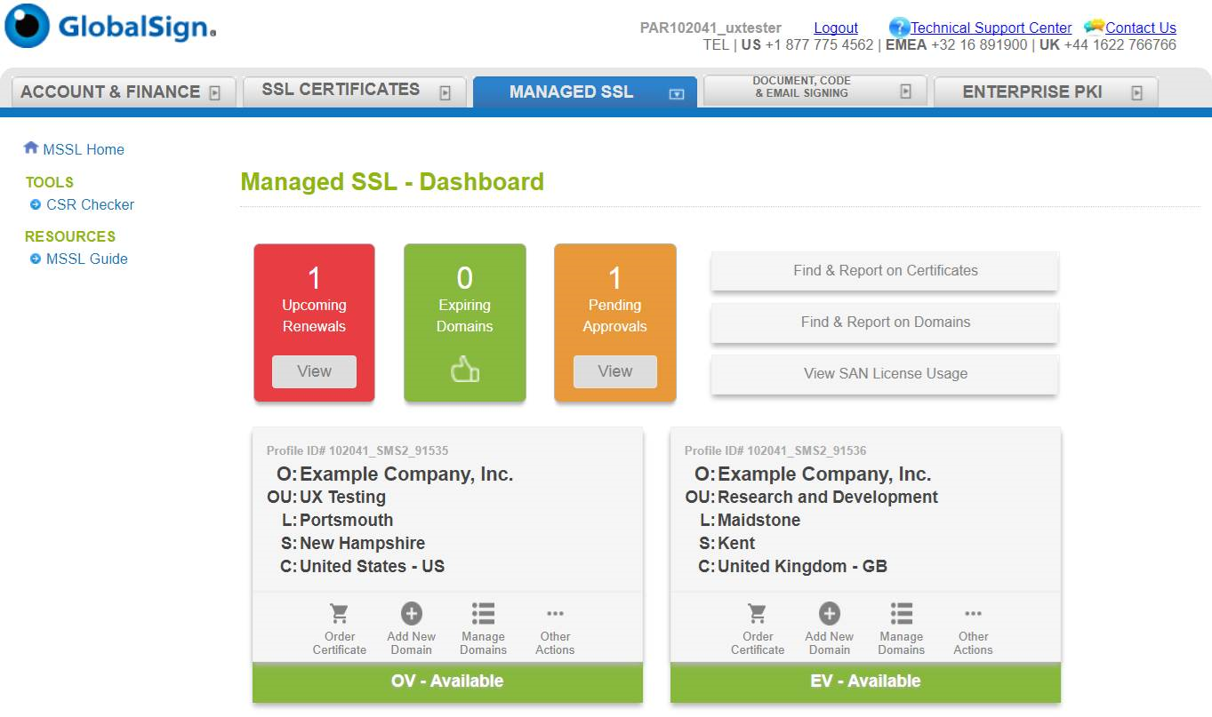 Example Managed SSL home screen in GlobalSign’s certificate management platform