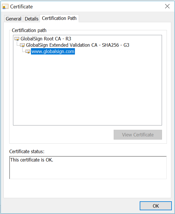 Example certificate path for publicly trusted SSL/TLS Certificate viewed in Chrome.