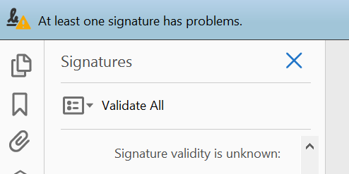 Example of a non-trusted digital signature in Adobe Reader.