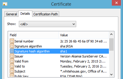 whitehouse.gov SHA-1 certificate